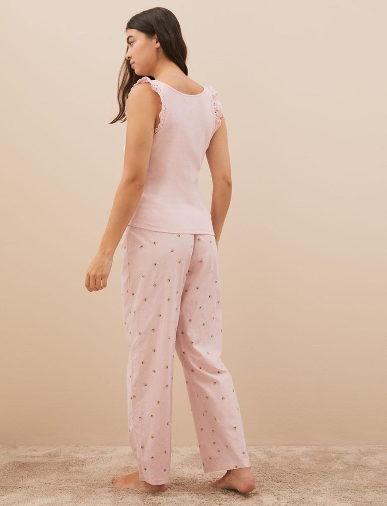 Kadın Pembe Saf Pamuklu Arı Desenli Pijama Altı
