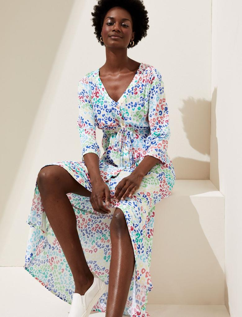 Kadın Multi Renk Leopar Desenli V Yaka Midi Elbise