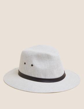 Erkek Krem Şerit Detaylı Keten Şapka
