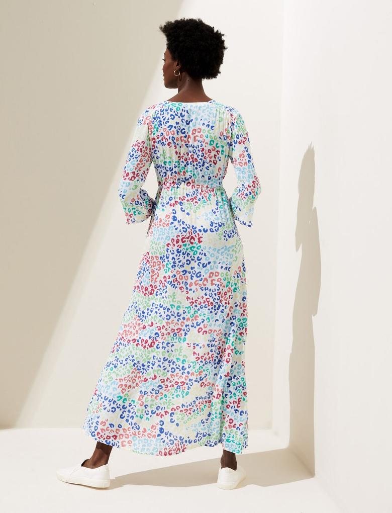 Kadın Multi Renk Leopar Desenli V Yaka Midi Elbise