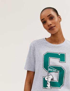 Kadın Gri Saf Pamuklu Snoopy™ T-Shirt