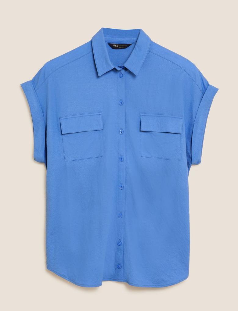 Kadın Mavi Regular Fit Kısa Kollu Gömlek