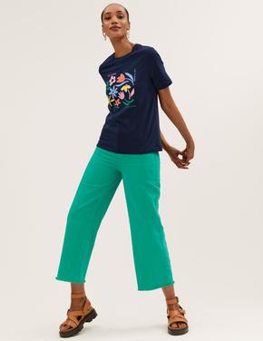 Kadın Multi Renk Saf Pamuklu Yuvarlak Yaka T-Shirt