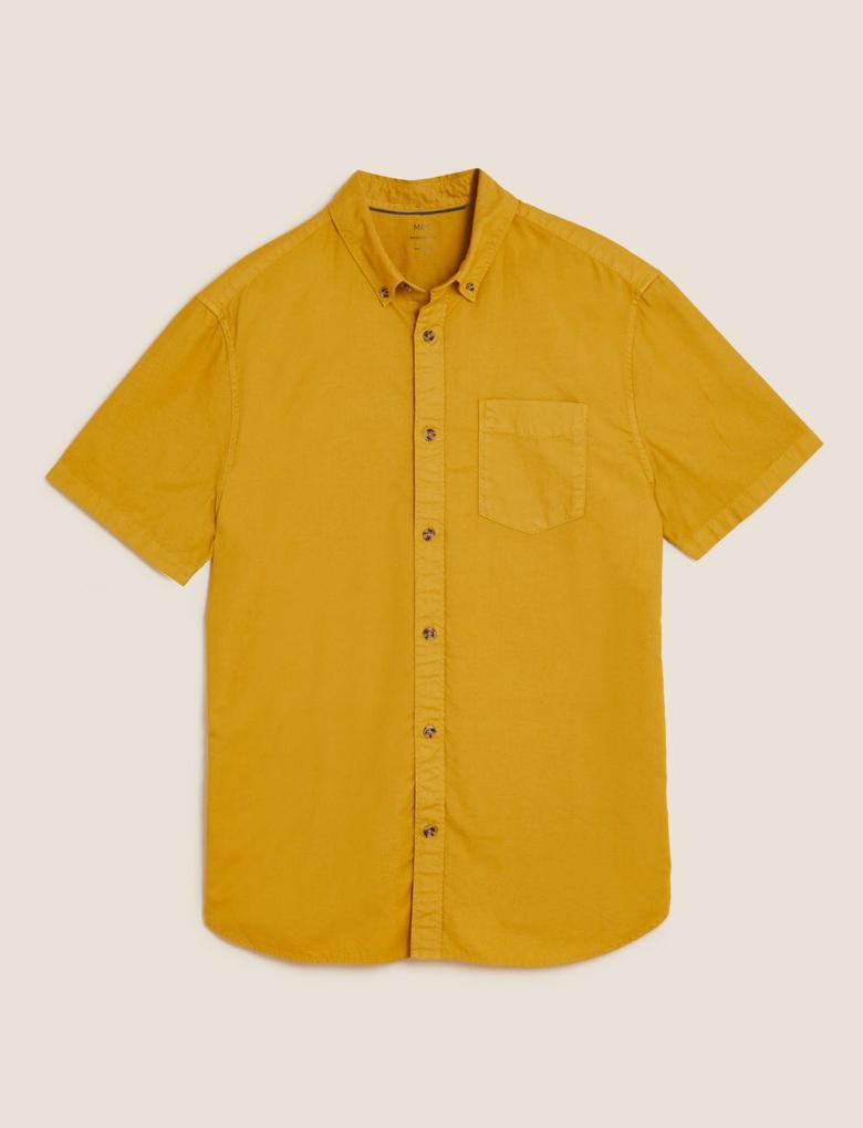 Erkek Sarı Saf Pamuklu Kısa Kollu Oxford Gömlek