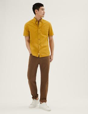 Erkek Sarı Saf Pamuklu Kısa Kollu Oxford Gömlek