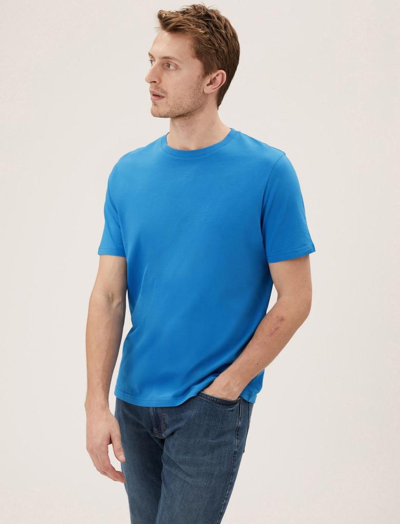 Erkek Mavi Saf Pamuklu Yuvarlak Yaka T-Shirt