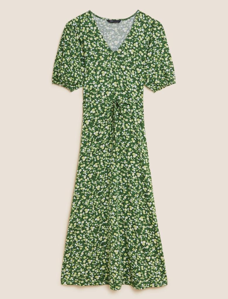 Kadın Yeşil Çiçek Desenli V Yaka Midi Elbise