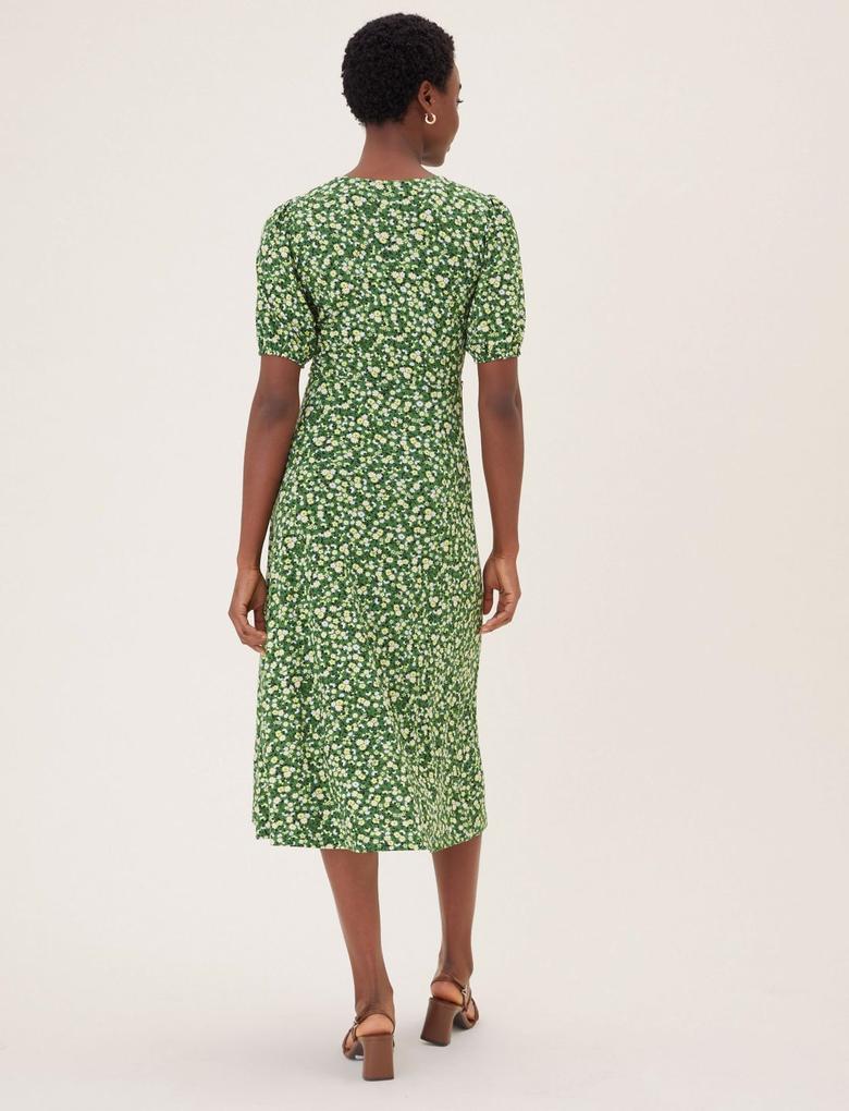 Kadın Yeşil Çiçek Desenli V Yaka Midi Elbise
