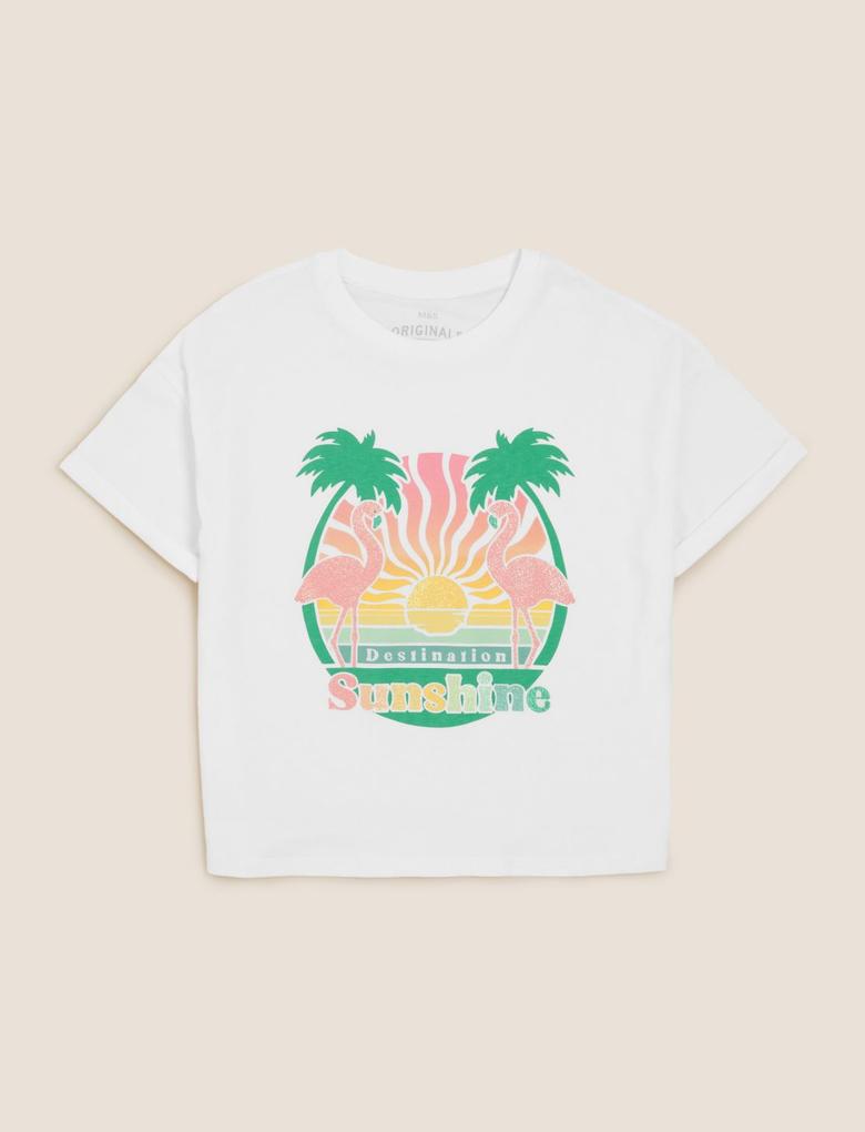 Kız Çocuk Beyaz Saf Pamuklu Flamingo Desenli T-Shirt (6-16 Yaş)