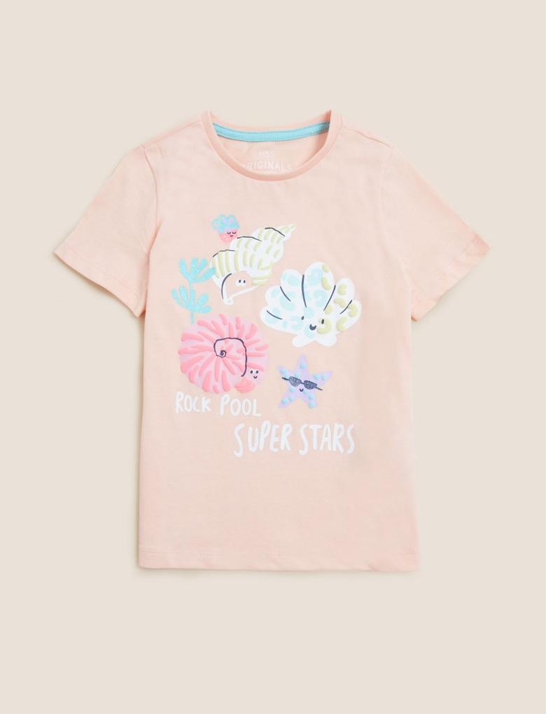 Kız Çocuk Pembe Saf Pamuklu Kısa Kollu T-Shirt (2-7 Yaş)