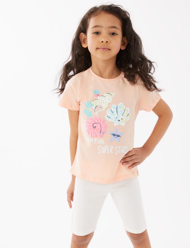 Kız Çocuk Pembe Saf Pamuklu Kısa Kollu T-Shirt (2-7 Yaş)