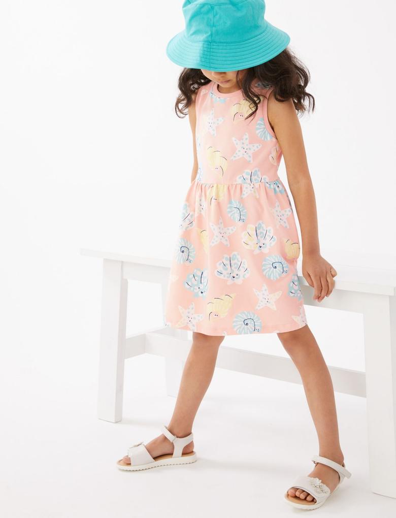 Kız Çocuk Pembe Saf Pamuklu Desenli Elbise (2-7 Yaş)