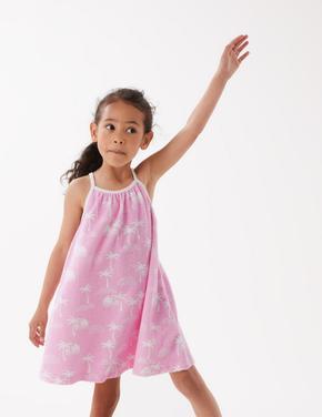 Kız Çocuk Pembe Palmiye Desenli Havlu Plaj Elbisesi (2-7 Yaş)