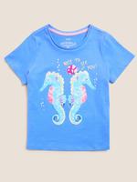 Kız Çocuk Mavi Saf Pamuklu Pul Detaylı T-Shirt (2-7 Yaş)