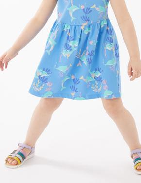 Kız Çocuk Mavi Saf Pamuklu Yunus Desenli Elbise (2-7 Yaş)