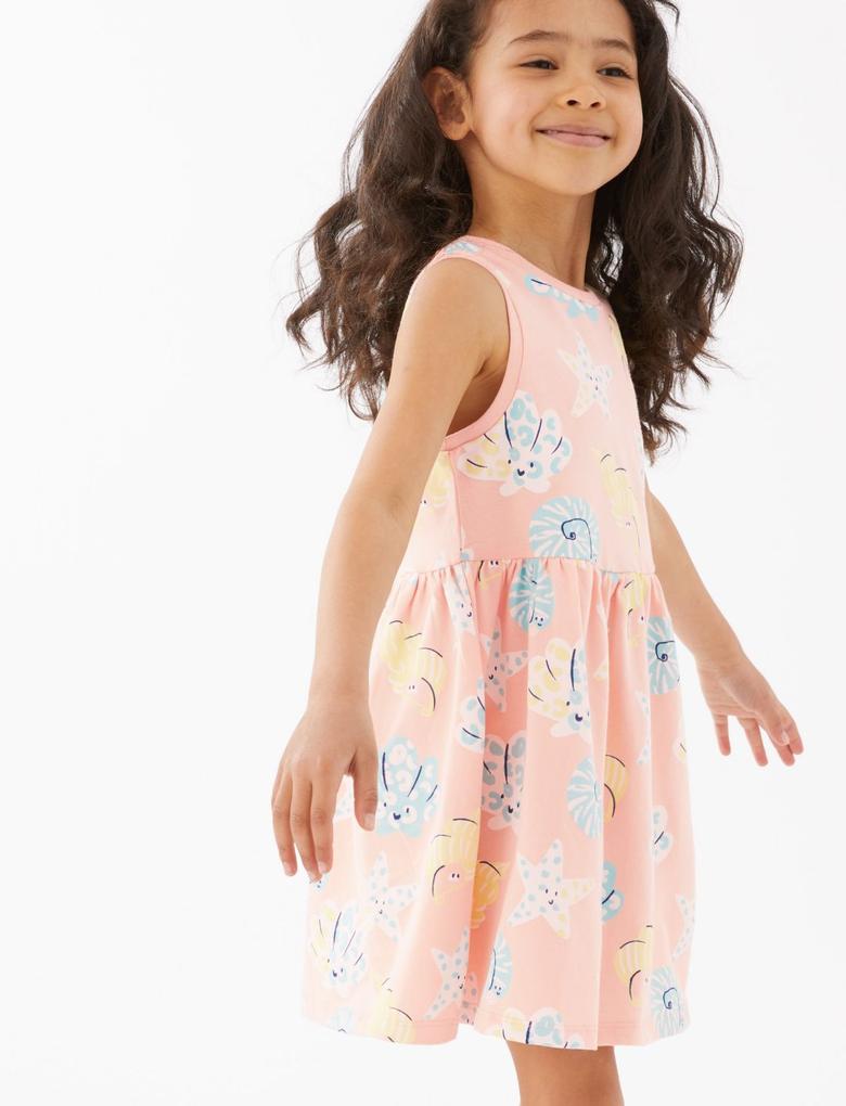 Kız Çocuk Pembe Saf Pamuklu Desenli Elbise (2-7 Yaş)