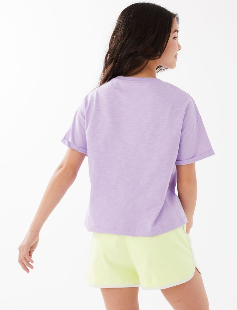 Kız Çocuk Mor Saf Pamuklu Slogan Desenli T-Shirt (6-16 Yaş)