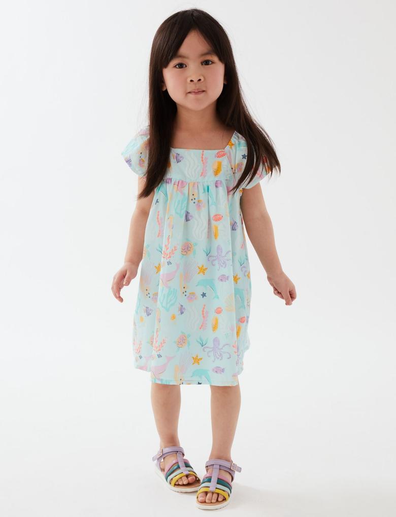 Kız Çocuk Mavi Saf Pamuklu Kısa Kollu Elbise (2-7 Yaş)