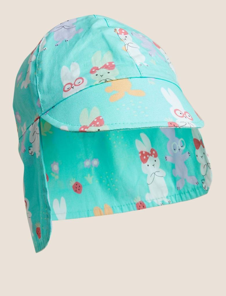  Mavi Saf Pamuklu Tavşan Desenli Şapka (0-6 Yaş)