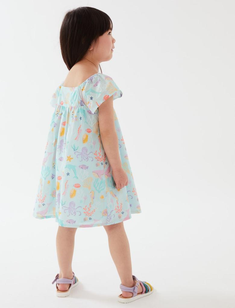 Kız Çocuk Mavi Saf Pamuklu Kısa Kollu Elbise (2-7 Yaş)