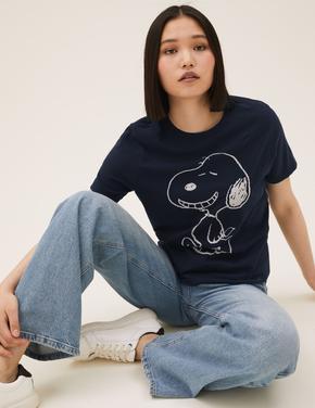 Kadın Lacivert Saf Pamuklu Snoopy™ T-Shirt