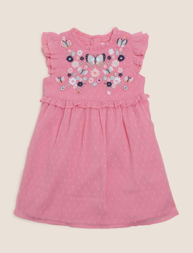 Kız Çocuk Pembe İşleme Detaylı Kolsuz Elbise (2-7 Yaş)