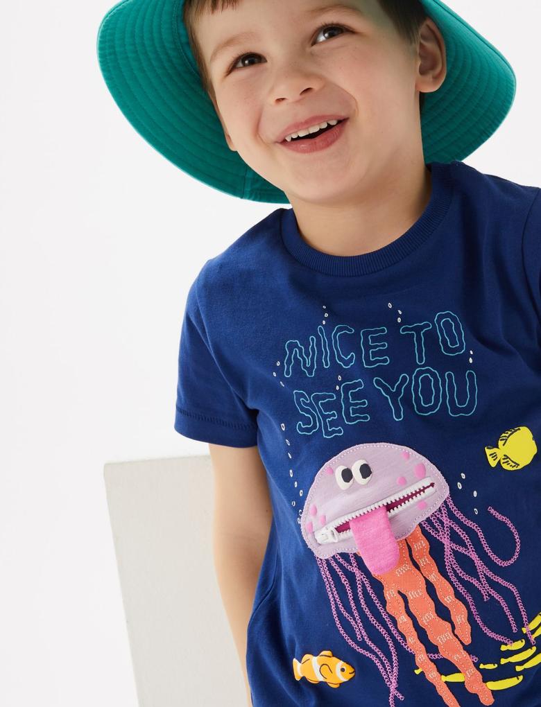 Erkek Çocuk Mavi Saf Pamuklu 3D Detaylı T-Shirt (2-7 Yaş)