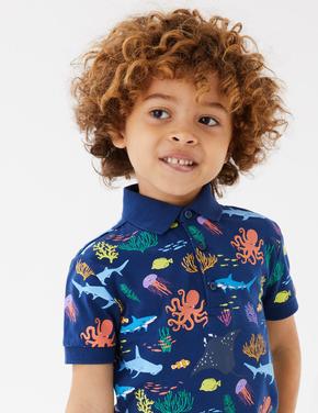 Erkek Çocuk Mavi Saf Pamuklu Desenli Polo Yaka T-Shirt (2-7 Yaş)