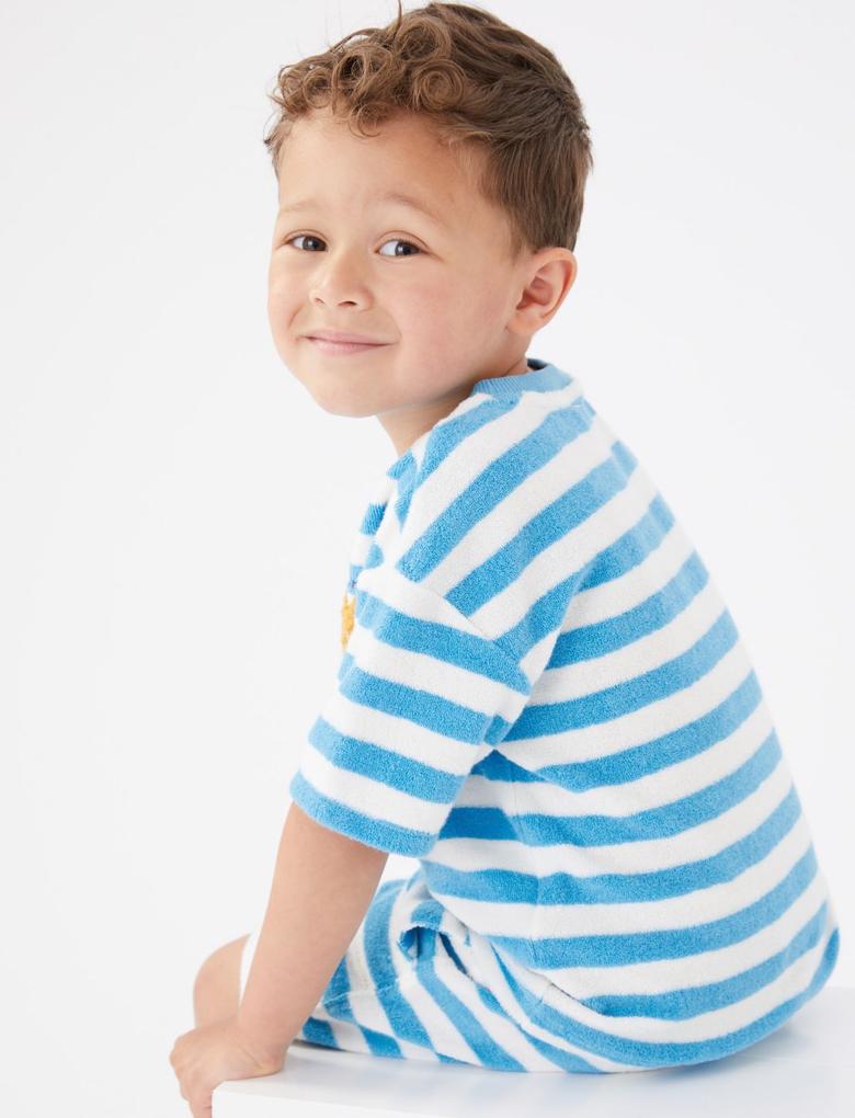 Erkek Çocuk Mavi Çizgi Desenli Havlu T-Shirt (2-7 Yaş)
