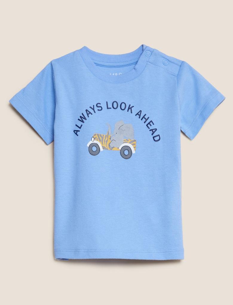  Mavi Saf Pamuklu Fil Desenli T-Shirt (0-3 Yaş)