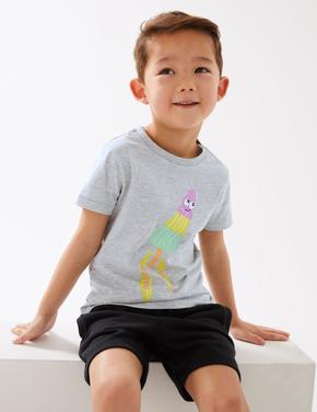 Erkek Çocuk Gri Dondurma Desenli Kısa Kollu T-Shirt (2-7 Yaş)