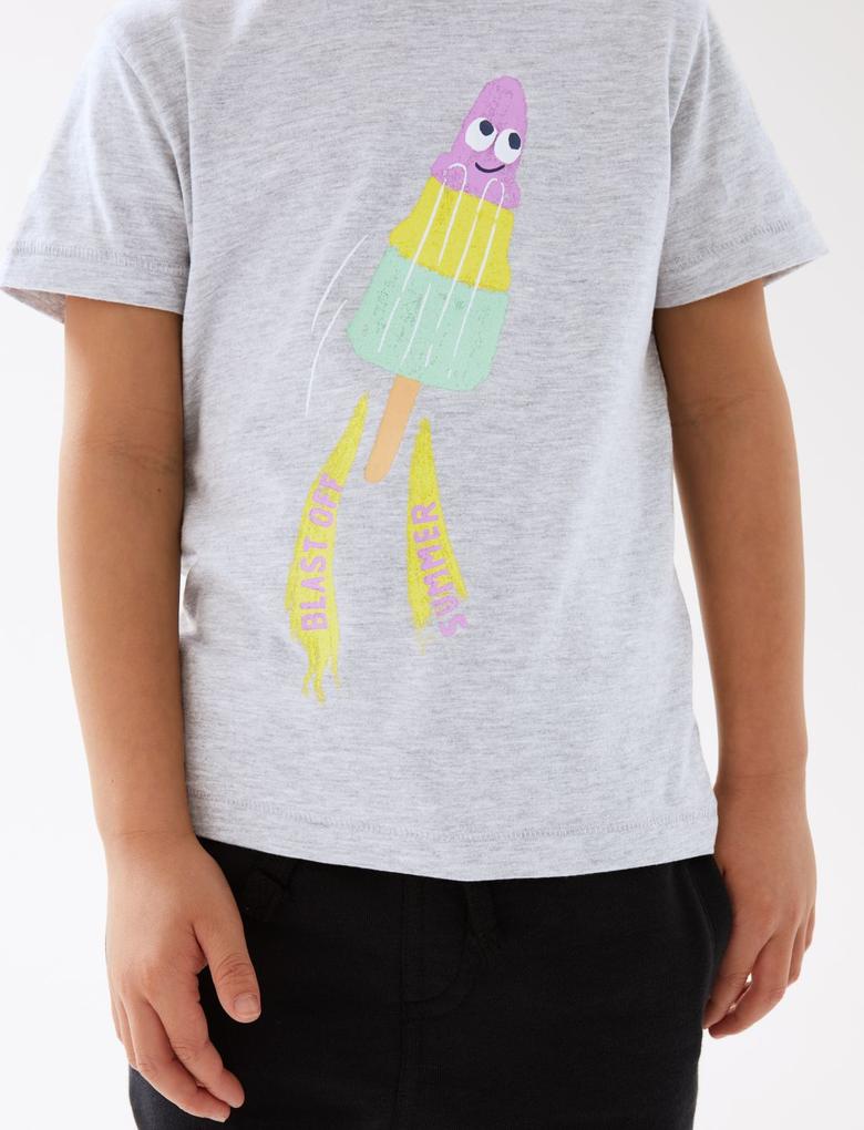 Erkek Çocuk Gri Dondurma Desenli Kısa Kollu T-Shirt (2-7 Yaş)