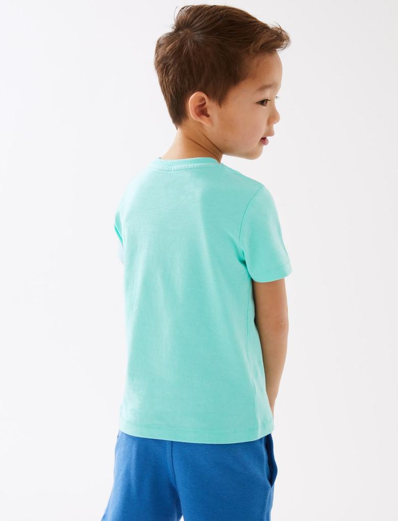Erkek Çocuk Mavi Saf Pamuklu Grafik Desenli T-Shirt (2-7 Yaş)