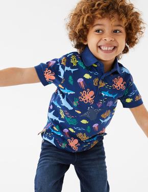 Erkek Çocuk Mavi Saf Pamuklu Desenli Polo Yaka T-Shirt (2-7 Yaş)