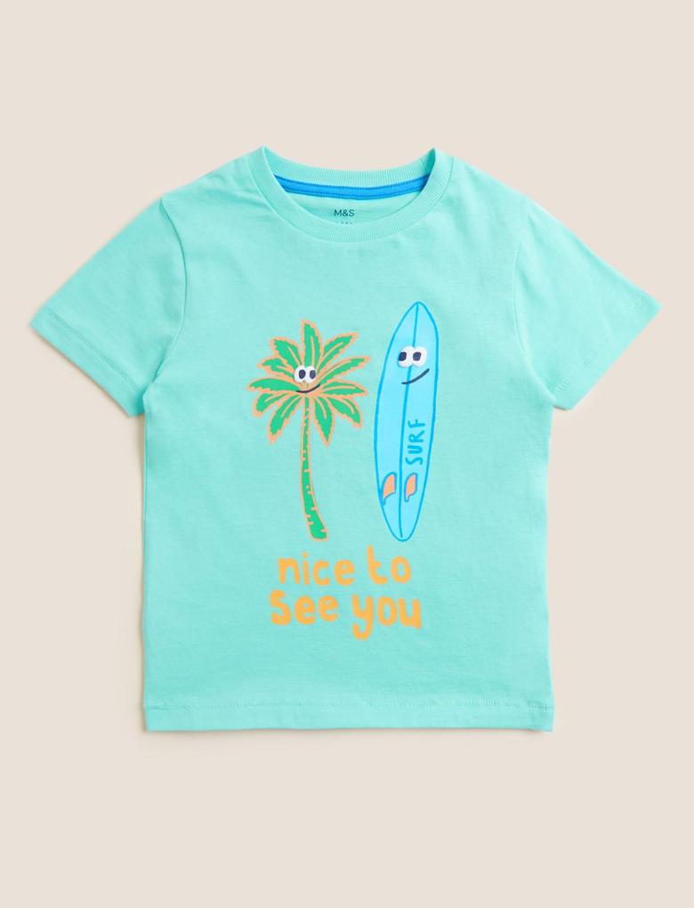 Erkek Çocuk Mavi Saf Pamuklu Grafik Desenli T-Shirt (2-7 Yaş)