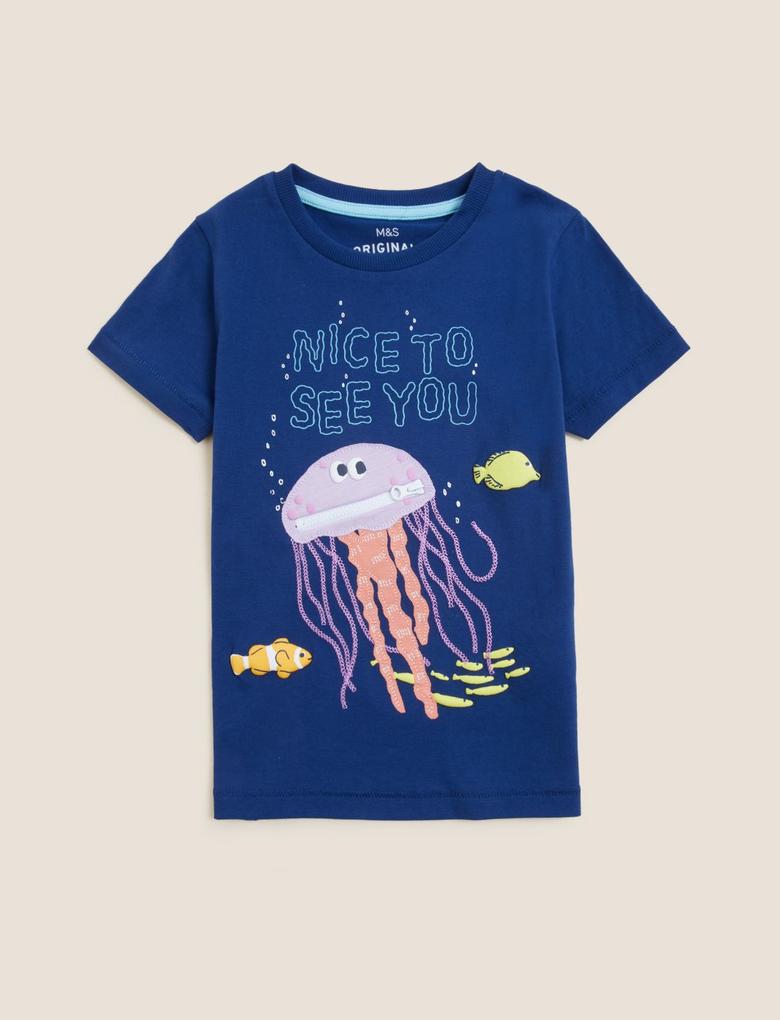 Erkek Çocuk Mavi Saf Pamuklu 3D Detaylı T-Shirt (2-7 Yaş)