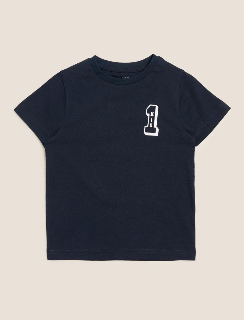 Erkek Çocuk Lacivert Saf Pamuklu Kısa Kollu T-Shirt (2-16 Yaş)