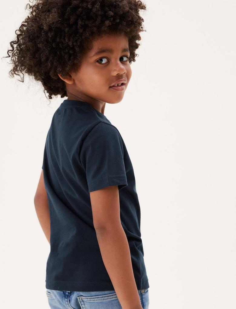 Erkek Çocuk Lacivert Saf Pamuklu Kısa Kollu T-Shirt (2-16 Yaş)