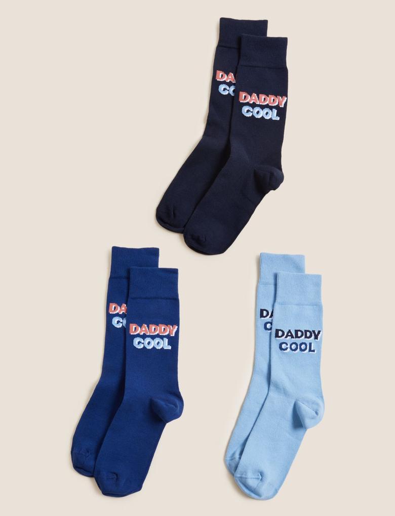 Erkek Mavi 3'lü Slogan Desenli Çorap Seti