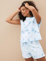 Kadın Mavi Saf Pamuklu Batik Desenli Pijama Takımı