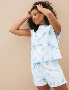 Kadın Mavi Saf Pamuklu Batik Desenli Pijama Takımı