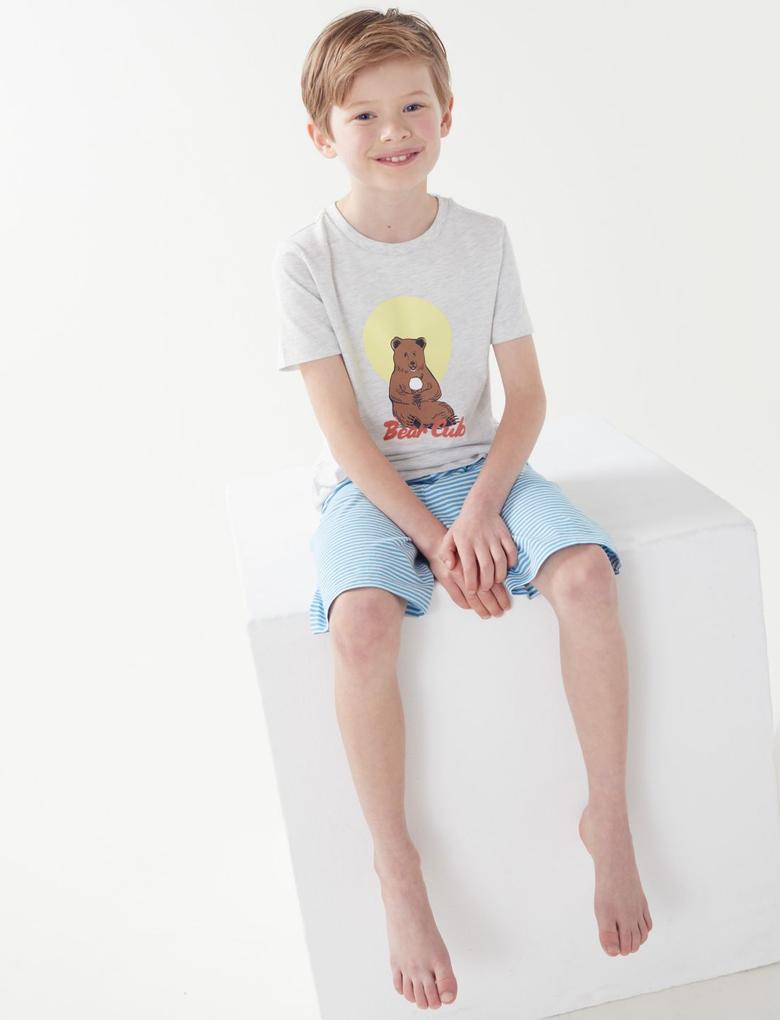 Çocuk Gri Slogan Desenli Kısa Kollu Pijama Takımı (1-16 Yaş)