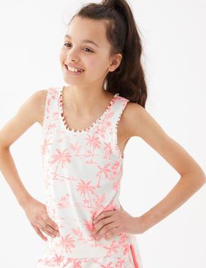 Kız Çocuk Pembe Palmiye Desenli Yuvarlak Yaka T-Shirt (6-16 Yaş)
