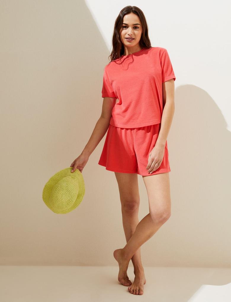 Kadın Pembe Kısa Kollu Havlu T-Shirt