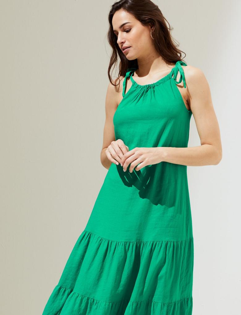 Kadın Yeşil Regular Fit Midi Keten Elbise