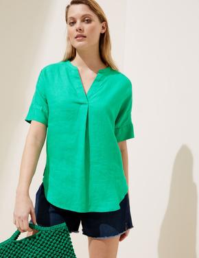 Kadın Yeşil Kısa Kollu Keten Bluz