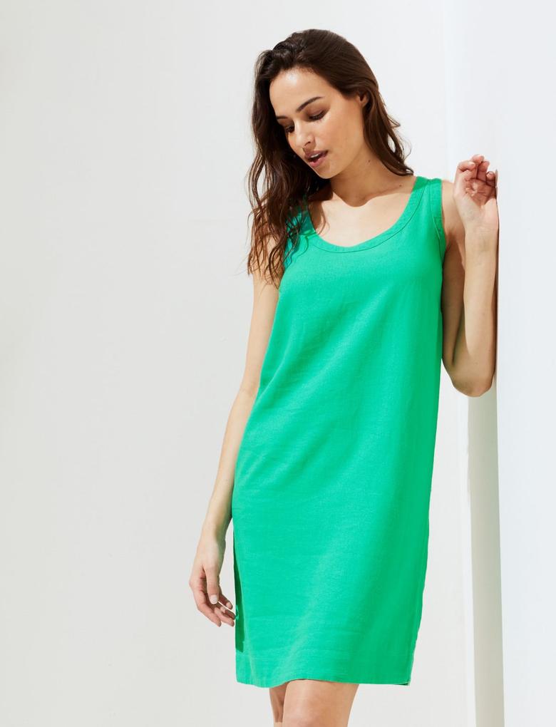 Kadın Yeşil Regular Fit Mini Keten Elbise
