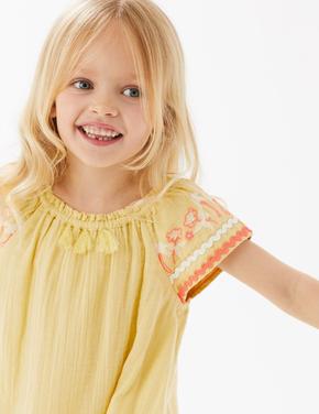 Kız Çocuk Sarı Saf Pamuklu İşleme Detaylı Elbise (2-7 Yaş)