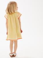 Kız Çocuk Sarı Saf Pamuklu İşleme Detaylı Elbise (2-7 Yaş)