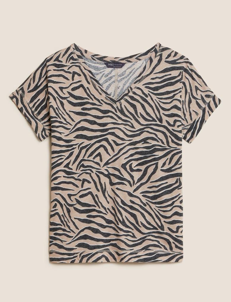 Kadın Kahverengi Leopar Desenli Keten T-Shirt